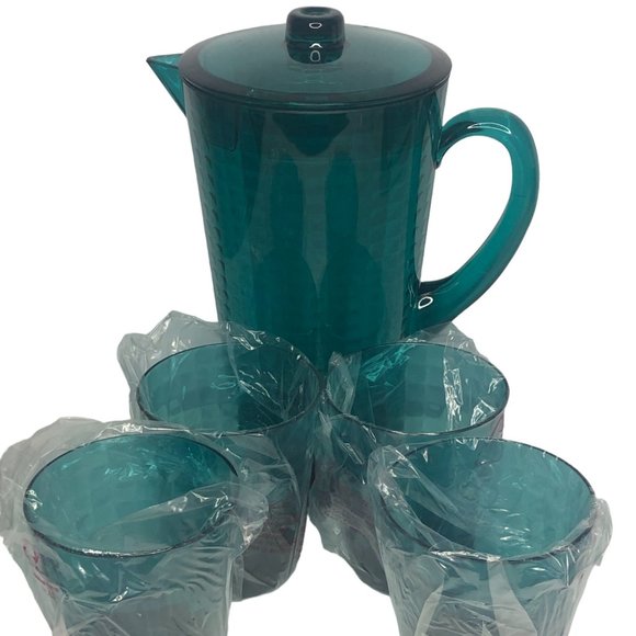 Pitcher Set 5 piece Plastic Teal Blue Great for Pool Side - Picture 1 of 6